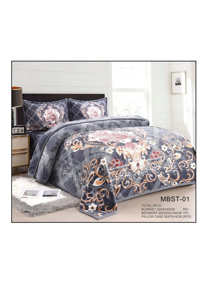 A set of 4 pieces with a patterned, embossed, double-layered blanket that is extremely soft (8 kg)